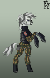 Size: 1740x2700 | Tagged: safe, alternate version, artist:kirov, imported from derpibooru, oc, oc only, zebra, angry, armor, bipedal, blue eyes, clothes, eyebrows, female, gradient background, gritted teeth, military uniform, solo, standing, standing on two hooves, stripes, uniform, wolfenstein