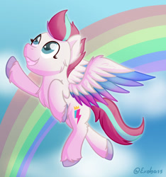 Size: 1024x1093 | Tagged: safe, artist:exobass, imported from derpibooru, zipp storm, pegasus, pony, flying, g5, my little pony: a new generation, rainbow, solo, unshorn fetlocks