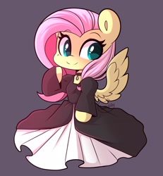 Size: 1890x2048 | Tagged: safe, artist:sakukitty, imported from derpibooru, fluttershy, pegasus, semi-anthro, clothes, collar, dress, eyelashes, female, looking at you, mare, smiling, solo, spread wings, wings