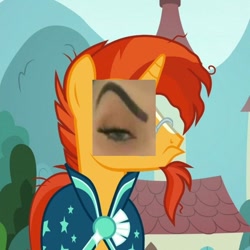 Size: 828x828 | Tagged: safe, edit, edited screencap, imported from derpibooru, screencap, sunburst, horse, human, the parent map, cloak, clothes, creepy, irl, irl human, meme, mountain, photo, raised eyebrow