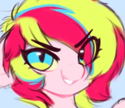 Size: 1624x1405 | Tagged: safe, artist:flixanoa, imported from derpibooru, oc, oc only, oc:dragon fruit, bat pony, pony, bust, eye clipping through hair, grin, hair over one eye, looking at you, portrait, smiling, solo