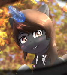 Size: 2500x2800 | Tagged: safe, artist:nihithebrony, imported from derpibooru, oc, oc only, oc:sonata, pony, unicorn, autumn, blurry, blurry background, blushing, brown eyes, brown hair, clothes, day, elements of justice, eyebrows, eyelashes, female, glasses, glowing, glowing horn, grin, high res, horn, lawyer, leaves, looking at you, magic, mare, necktie, outdoors, smiling, smiling at you, solo, suit, tree, turnabout storm