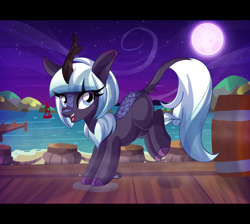 Size: 3572x3200 | Tagged: safe, artist:spookyle, imported from derpibooru, oc, oc only, oc:moonlit breeze, kirin, barrel, female, freckles, harbor, kirin oc, mare, moon, night, ocean, pier, solo, vanhoover, water