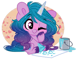 Size: 2281x1753 | Tagged: safe, artist:emberslament, imported from derpibooru, izzy moonbow, pony, unicorn, blushing, chibi, curly hair, cute, eyebrows, eyebrows visible through hair, female, g5, heart, heart eyes, high res, hoof heart, hoof on cheek, horn, izzybetes, mare, my little pony: a new generation, one eye closed, paint, painting, simple background, sitting, smiling, solo, sparkly mane, transparent background, underhoof, unshorn fetlocks, wingding eyes