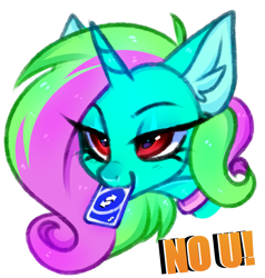 Size: 2127x2238 | Tagged: safe, artist:pesty_skillengton, imported from derpibooru, oc, oc only, pony, unicorn, bust, female, meme, mouth hold, no u, playing card, solo, uno, uno reverse card