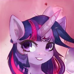 Size: 1024x1024 | Tagged: safe, derpibooru exclusive, imported from derpibooru, alicorn, unicorn, ai content, ai generated, bust, curved horn, female, generator:thisponydoesnotexist, horn, looking at you, not twilight sparkle, open mouth, portrait, solo