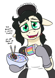 Size: 664x927 | Tagged: safe, artist:jargon scott, imported from derpibooru, oc, oc only, oc:floor bored, earth pony, pony, chopsticks, clothes, cookie, dexterous hooves, dress, female, floppy ears, food, grin, hoof hold, maid, mare, nervous, nervous grin, noodles, oreo, rainbow sprinkles, ramen, simple background, smiling, solo, sprinkles, sweet sundae ramen, talking to viewer, wavy mouth, white background