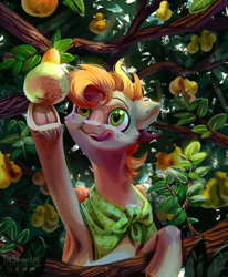 Size: 2802x3405 | Tagged: safe, artist:teaflower300, imported from derpibooru, oc, oc only, earth pony, pony, commission, food, frog (hoof), licking, licking lips, pear, pear tree, solo, tongue out, tree, underhoof