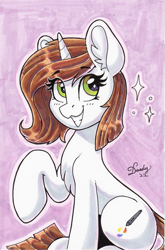 Size: 727x1102 | Tagged: safe, artist:dandy, imported from derpibooru, oc, oc only, oc:brittneigh ackermane, pony, unicorn, chest fluff, copic, ear fluff, eye clipping through hair, eyebrows, eyebrows visible through hair, female, grin, hooves, horn, looking at you, marker drawing, raised hoof, shading, signature, simple background, sitting, smiling, solo, traditional art, unicorn oc