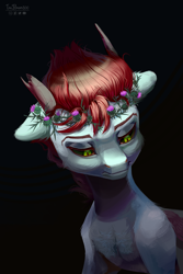 Size: 1887x2826 | Tagged: safe, artist:teaflower300, imported from derpibooru, oc, oc only, pony, black background, black sclera, floral head wreath, flower, horns, pensive, simple background, solo, thorn