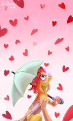 Size: 2258x3725 | Tagged: safe, artist:teaflower300, imported from derpibooru, oc, oc only, pegasus, pony, colored wings, heart, looking up, pale belly, smiling, solo, two toned wings, umbrella, wings