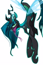 Size: 1352x2048 | Tagged: safe, artist:akada19601764, imported from derpibooru, queen chrysalis, changeling, changeling queen, big mouth, fangs, female, forked tongue, lidded eyes, simple background, solo, tongue out, white background