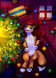 Size: 2387x3282 | Tagged: safe, artist:teaflower300, imported from derpibooru, oc, oc only, earth pony, pony, bauble, christmas, christmas ornament, christmas tree, decoration, holiday, lying down, on back, present, smiling, solo, tree