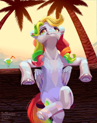 Size: 1601x2024 | Tagged: safe, artist:teaflower300, imported from derpibooru, oc, oc only, pegasus, pony, drink, leaning, palm tree, solo, tree