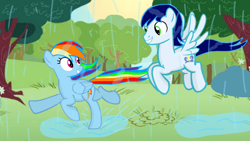 Size: 1280x720 | Tagged: safe, artist:mlplary6, imported from derpibooru, rainbow dash, soarin', pegasus, pony, female, looking at each other, male, rain, shipping, smiling, smiling at each other, soarindash, straight