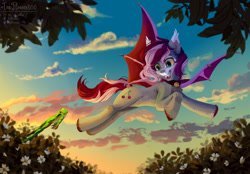Size: 1280x893 | Tagged: safe, artist:teaflower300, imported from derpibooru, oc, oc only, bat pony, frog, pony, bat pony oc, bell, bell collar, collar, flying, looking at something, solo
