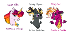 Size: 4830x2298 | Tagged: safe, artist:queenderpyturtle, imported from derpibooru, oc, oc only, oc:golden ratio, oc:highway hypnosis, oc:victory lap, dracony, dragon, hybrid, pegasus, pony, unicorn, magical lesbian spawn, offspring, parent:princess cadance, parent:scootaloo, parent:smolder, parent:spitfire, parent:sunburst, parent:thunderlane, simple background, white background