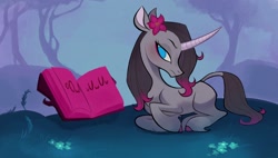 Size: 1142x648 | Tagged: safe, artist:switchsugar, imported from derpibooru, classical unicorn, unicorn, them's fightin' herds, book, cloven hooves, community related, female, flower, flower in hair, frown, leonine tail, lying down, oleander (tfh), on side, owo, solo, unicornomicon, unshorn fetlocks, uwu