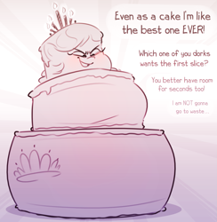 Size: 1857x1901 | Tagged: safe, artist:secretgoombaman12345, imported from derpibooru, diamond tiara, abstract background, blushing, bragging, cake, cellular peptide cake (with mint frosting), dialogue, fat, female, food, food transformation, monochrome, sketch, smug, solo, transformation