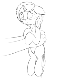 Size: 600x763 | Tagged: safe, artist:czaroslaw, oc, oc:filly anon, human, pony, chest fluff, female, filly, holding a pony, monochrome, offscreen character, offscreen human, puppy dog eyes, simple background, wip