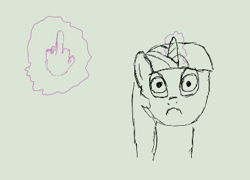 Size: 387x279 | Tagged: safe, artist:anonymous, twilight sparkle, pony, unicorn, aggie.io, female, frown, horn, magic, mare, middle finger, monochrome, simple background, solo, vulgar