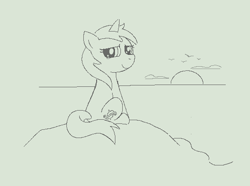 Size: 546x407 | Tagged: safe, artist:algoatall, sea swirl, seafoam, pony, unicorn, aggie.io, beach, female, horn, looking at you, looking back, mare, monochrome, ocean, simple background, sitting, smiling, solo, sunset, water