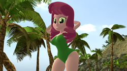 Size: 1920x1080 | Tagged: safe, artist:mr.uberrebu25, imported from derpibooru, cheerilee, equestria girls, 3d, arm behind head, beach, beach babe, breasts, busty cheerilee, clothes, green swimsuit, looking at you, one-piece swimsuit, palm tree, solo, swimsuit, tree