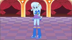 Size: 1000x563 | Tagged: safe, imported from twibooru, trixie, equestria girls, boots, clothes, high heel boots, hoodie, image, needs more jpeg, shirt, shoes, skirt, solo