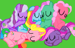 Size: 700x450 | Tagged: safe, artist:halonna, minty, pinkie pie (g3), rainbow dash (g3), rarity (g3), starsong, wysteria, earth pony, pegasus, pony, unicorn, cute, female, g3, g3 dashabetes, g3 diapinkes, g3 raribetes, g3 to g4, g4, generation leap, green background, group, mare, mintabetes, simple background, sleeping, smiling, snuggling, starsawwwng, wysteriadorable