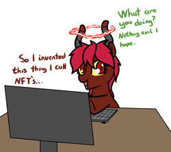 Size: 724x642 | Tagged: safe, artist:neuro, oc, oc only, demon, demon pony, original species, pony, computer, dialogue, female, horns, implied anon, mare, nft, offscreen character, open mouth, simple background, solo, white background