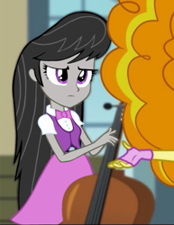 Size: 970x1257 | Tagged: safe, edit, edited screencap, imported from derpibooru, screencap, adagio dazzle, octavia melody, tennis match, equestria girls, rainbow rocks, background human, belt, bowtie, cello, clothes, musical instrument, octavia is not amused, skirt, unamused, vest