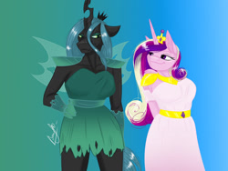 Size: 1280x960 | Tagged: safe, artist:vera2002, imported from derpibooru, princess cadance, queen chrysalis, alicorn, anthro, changeling, changeling queen, cadalis, clothes, crown, dress, duo, duo female, eyelashes, female, gloves, gradient background, horn, infidelity, jewelry, lesbian, looking at each other, looking at someone, regalia, shipping, simple background, smiling, tail, wings