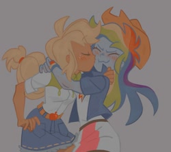 Size: 1500x1330 | Tagged: safe, artist:iksiudodik, imported from derpibooru, applejack, rainbow dash, equestria girls, :3, appledash, blushing, cheek kiss, clothes, cute, equestria girls outfit, eyes closed, female, hug, kissing, lesbian, shipping, skirt