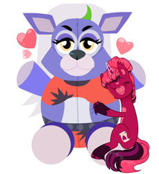 Size: 2434x2661 | Tagged: safe, artist:vi45, imported from derpibooru, oc, oc only, oc:venus red heart, pony, unicorn, wolf, animatronic, commission, crossover, cute, eyes closed, female, five nights at freddy's, five nights at freddy's: security breach, heart, hug, mare, markings, plushie, roxanne wolf, simple background, sitting, solo, unshorn fetlocks, white background, ych result