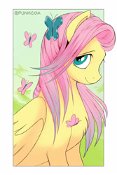 Size: 1400x2100 | Tagged: safe, artist:punkcoa, edit, imported from derpibooru, fluttershy, butterfly, pegasus, pony, beautiful, border, cropped, cute, female, g4, looking at you, mare, shyabetes, smiling, solo