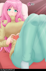 Size: 526x800 | Tagged: safe, artist:clouddg, imported from derpibooru, fluttershy, human, big breasts, breasts, busty fluttershy, clothes, female, heart hands, humanized, looking at you, pants, smiling, solo, sweater, sweatershy, turtleneck, url
