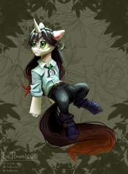 Size: 1646x2220 | Tagged: safe, artist:teaflower300, imported from derpibooru, oc, oc only, semi-anthro, unicorn, boots, clothes, frown, lidded eyes, pants, shirt, shoes, solo