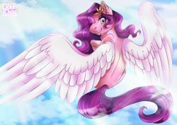 Size: 3508x2480 | Tagged: safe, artist:piyion, imported from derpibooru, pipp petals, pegasus, pony, adorapipp, crepuscular rays, cute, ear fluff, female, flying, g5, high res, looking at you, looking back, looking back at you, mare, my little pony: a new generation, sky, solo