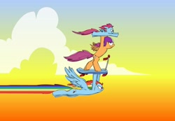 Size: 1024x710 | Tagged: safe, artist:brutamod, imported from derpibooru, rainbow dash, scootaloo, oc, unnamed oc, pegasus, pony, 2016, alternate cutie mark, cloud, female, flapping wings, flying, helmet, holding a pony, looking at someone, looking offscreen, magical lesbian spawn, mother and child, mother and daughter, offspring, older, older scootaloo, parent:rainbow dash, parent:scootaloo, parents:scootadash, scooter, sunset, trio, wings