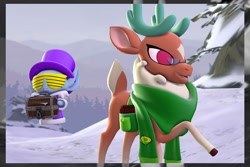 Size: 1280x854 | Tagged: safe, artist:astraljumpjet, imported from derpibooru, cap (tfh), cashmere (tfh), deer, reindeer, winter sprite, them's fightin' herds, 3d, community related, duo, female, floating, male, raised hoof, snow, source filmmaker, treasure chest