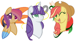 Size: 822x442 | Tagged: safe, imported from derpibooru, oc, oc only, oc:appleflore, oc:diamond spool, oc:wingscooter, earth pony, pegasus, pony, unicorn, 2016, best friends, colored wings, cowboy hat, female, hair over one eye, hat, horn, magical lesbian spawn, offspring, one eye closed, open mouth, parent:apple bloom, parent:applejack, parent:rainbow dash, parent:rarity, parent:scootaloo, parent:sweetie belle, parents:bloomjack, parents:raribelle, parents:scootadash, product of incest, simple background, smiling, transparent background, trio, wings, wink