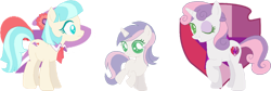 Size: 1024x345 | Tagged: safe, artist:juliahtf, imported from derpibooru, coco pommel, sweetie belle, oc, oc:love spell, earth pony, unicorn, base used, female, filly, foal, green eyes, horn, magical lesbian spawn, mare, offspring, one eye closed, parent:coco pommel, parent:sweetie belle, parents:cocobelle, raised hoof, trio, white fur, wink