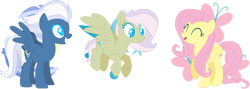 Size: 1024x364 | Tagged: safe, artist:juliahtf, imported from derpibooru, fluttershy, night glider, oc, oc:night butterfly, pegasus, pony, base used, blue eyes, female, green fur, magical lesbian spawn, mother and child, mother and daughter, offspring, parent:fluttershy, parent:night glider, parents:flutterglider, pegasus oc, simple background, transparent background, trio