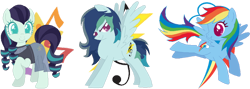 Size: 1024x363 | Tagged: safe, artist:juliahtf, imported from derpibooru, coloratura, rainbow dash, oc, oc:crash note, earth pony, pegasus, blue fur, female, magical lesbian spawn, mother and child, mother and daughter, offspring, parent:coloratura, parent:rainbow dash, parents:raradash, pegasus oc, pink eyes, rara, simple background, transparent background