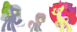 Size: 973x404 | Tagged: safe, artist:juliahtf, imported from derpibooru, apple bloom, limestone pie, oc, oc:appleruby, earth pony, pony, 2017, beige eyes, female, filly, foal, grey fur, lesbian, limesbloom, magical lesbian spawn, mother and child, mother and daughter, offspring, parent:apple bloom, parent:limestone pie, parents:limesbloom, simple background, transparent background, trio