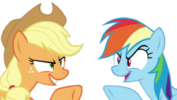 Size: 1280x724 | Tagged: safe, artist:twilyisbestpone, edit, edited screencap, imported from derpibooru, screencap, applejack, rainbow dash, earth pony, pegasus, pony, applejack's hat, background removed, cowboy hat, female, hat, looking at each other, looking at someone, mare, not a vector, simple background, transparent background