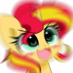 Size: 1504x1505 | Tagged: safe, artist:kittyrosie, edit, imported from derpibooru, sunset shimmer, pony, unicorn, :3, cute, cute little fangs, fangs, ohayou face, open mouth, radial blur, shimmerbetes, simple background, solo, white background, zoom blur