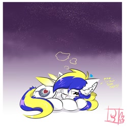 Size: 2000x2000 | Tagged: safe, artist:jubyskylines, imported from derpibooru, oc, oc only, oc:juby skylines, pegasus, pony, blushing, high res, looking at you, lying down, one eye closed, sleepy, solo