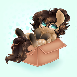 Size: 1080x1080 | Tagged: safe, artist:tookiut, imported from derpibooru, oc, oc only, oc:nixie tube, bat pony, earth pony, hybrid, box, cardboard box, coat markings, dappled, fangs, glasses, socks (coat markings), solo, wingding eyes