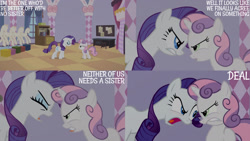 Size: 1280x720 | Tagged: safe, edit, edited screencap, editor:quoterific, imported from derpibooru, screencap, rarity, sweetie belle, pony, unicorn, season 2, sisterhooves social, carousel boutique, duo, eyes closed, female, filly, foal, mannequin, mare, open mouth
